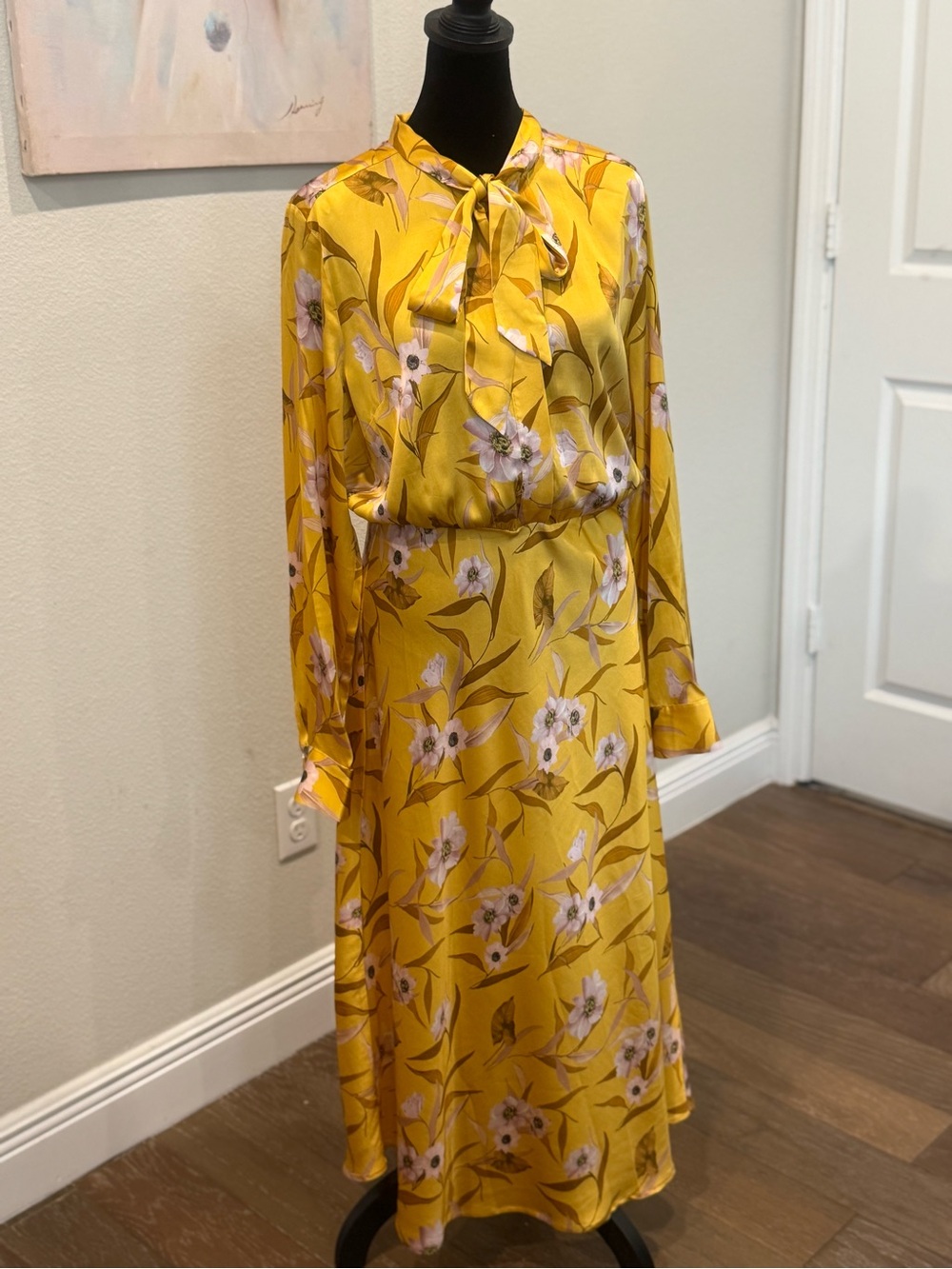 Ted Baker Yellow Floral Long-Sleeve Tie-Neck Midi Dress